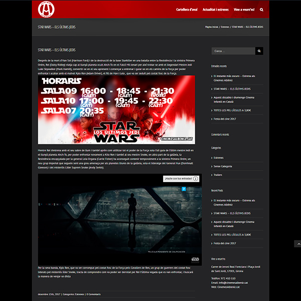 Screenshot of the Blog Cinemes Albèniz website